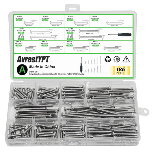186 Pcs Machine Screw Assortment Kit, Phillips Pan Head Machine Screws, Outlet Cover Screws, Wall Plate ScrewsStainless Steel Bolts for Mounting Wall Plate Switch Electrical Panel Screwss