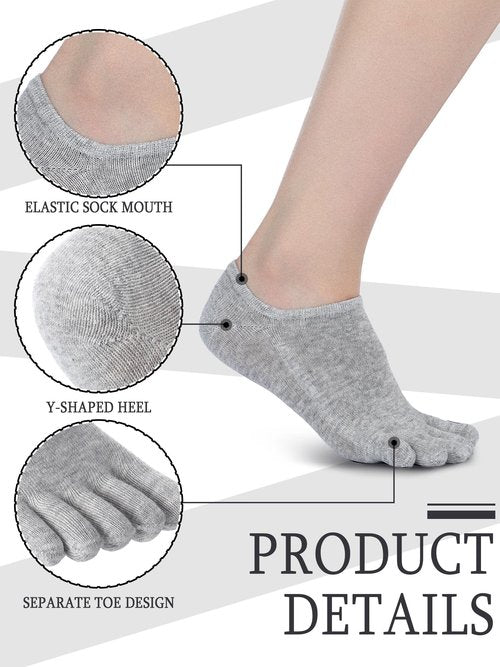 Bencailor 6 Pairs Women Toe Socks Cotton Ankle No Show Low Cut Socks with Toes for Women Men Running Athletic (Black,White,Gray,9-11)