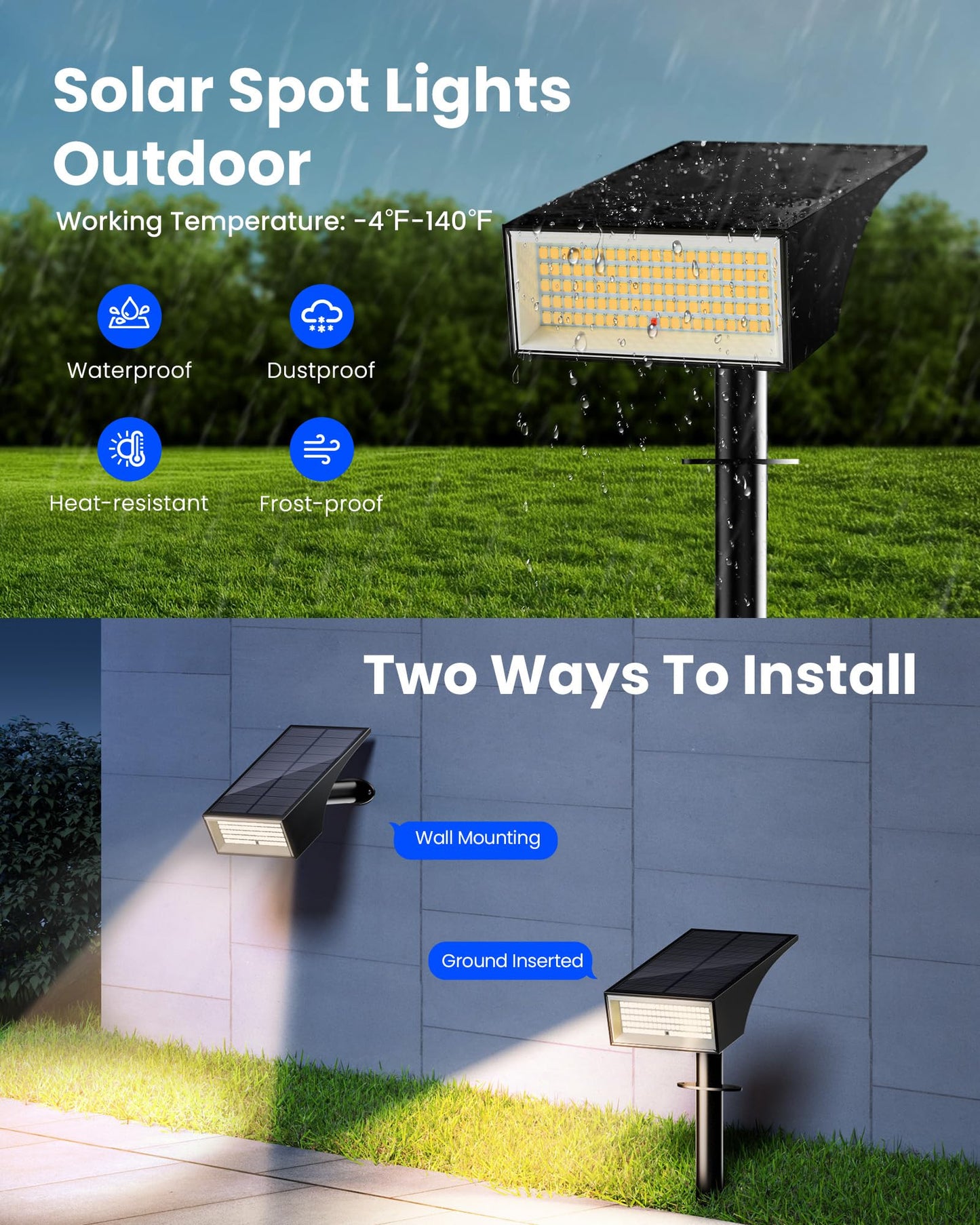 Koicaxy Solar Spot Lights Outdoor Waterproof IP65, 100 LEDs 4 Lighting Modes Landscape Spotlights for Yard, Garden, Pathway, Walkway, House, Warm White, 1 Pack