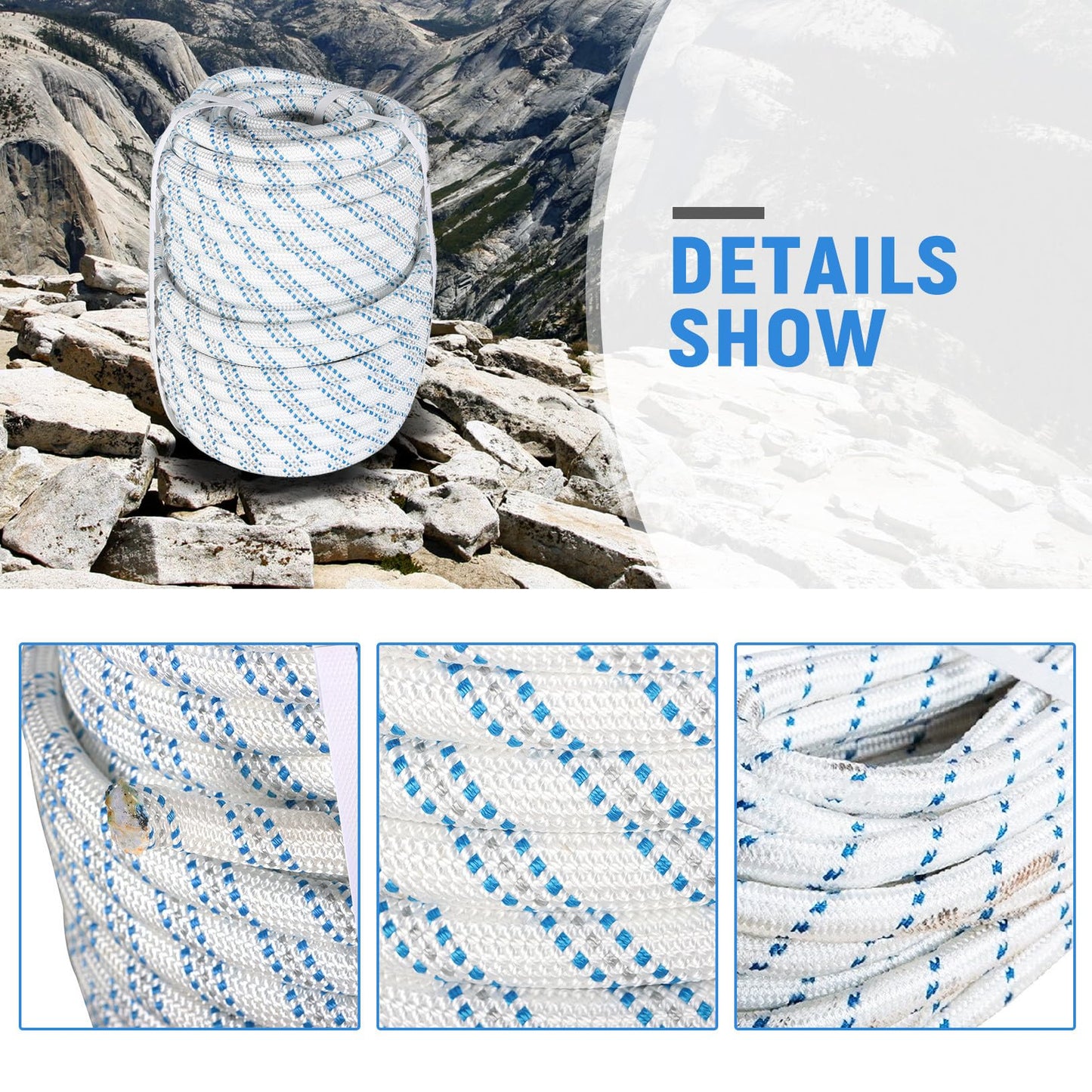 3/4 in x 150FT Gray White Blue Arborist Bull Rope Double Braid Polyester Rigging Hoisting Line High Strength Tree Rope for Rigging, Swing for Rigging Sailboat Weathered Line Tree Work