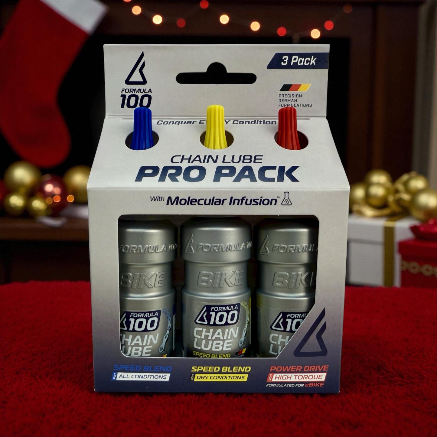 Formula 100 Chain Lube Pro Pack with All Conditions, Dry Conditions, & eBike Lubricant – Collection of Lubricant for Bicycles & Electric Bikes – Protects Against Wear & Corrosion – Three 50ml Bottles