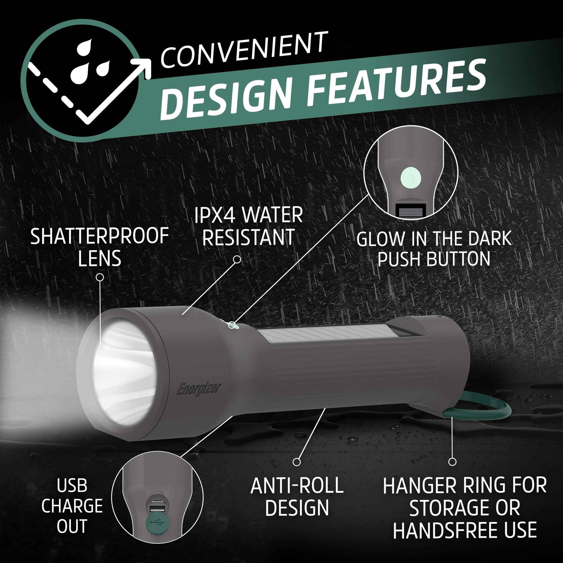 Energizer S-600 Hybrid Power LED Flashlight, Solar, Rechargeable, or AA Battery Powered, IPX4 Water Resistant Bright Flashlight