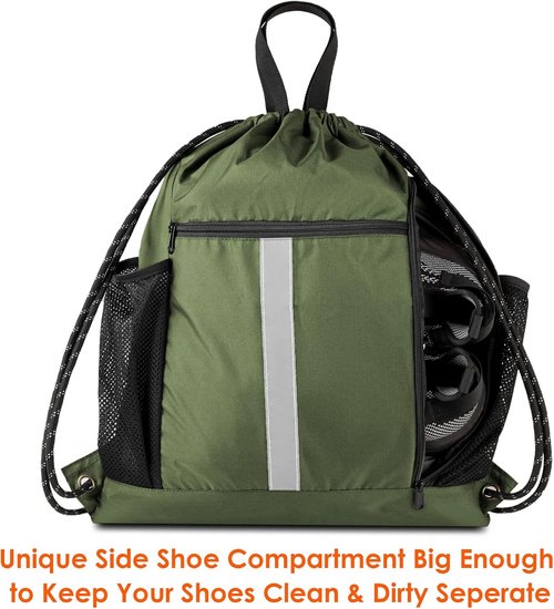 BeeGreen Moss Green Drawstring Bag - Heavy-Duty Sport Cinch Sack with Shoe Compartment & Mesh Pockets