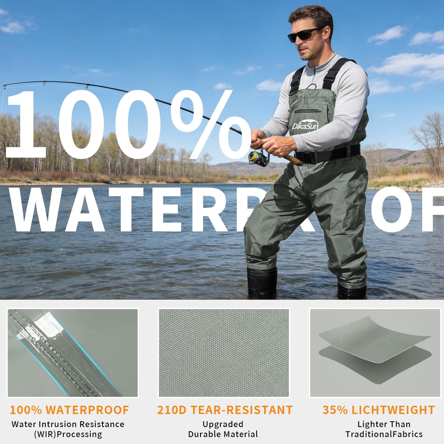 DikaSun Fishing Waders for Men & Women, Waterproof 2-Ply Nylon/PVC Chest Wader with Boots for Outdoor Sizes 4-13 Bootfoot(Grey, M4/W6)