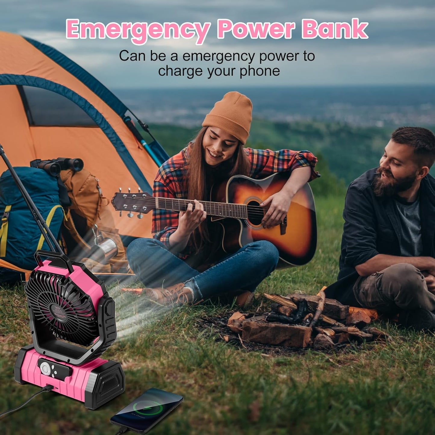 Odoland 30000mAh Camping Fan - Rechargeable LED Lantern with Remote, Oscillating Design, Pink