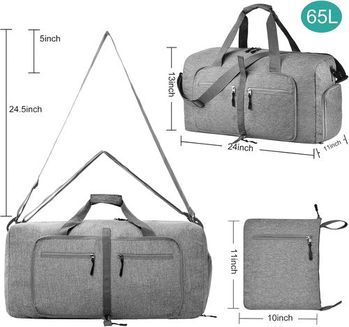 Dimayar 65L Travel Duffle Bag - Waterproof Foldable Duffel with Shoes Compartment | Gray