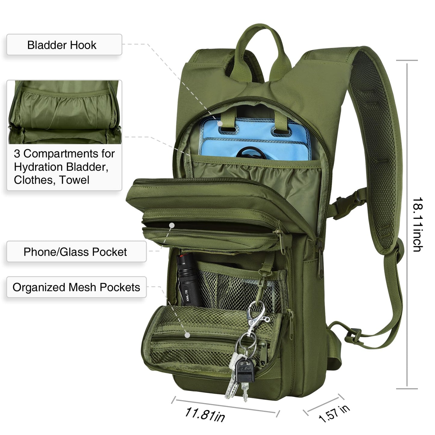 NOOLA Hydration Backpack with 3L TPU Water Bladder, Tactical Molle Water Backpack for Men Women, Hydration Pack for Hiking, Biking, Running and Climbing ,Army Green