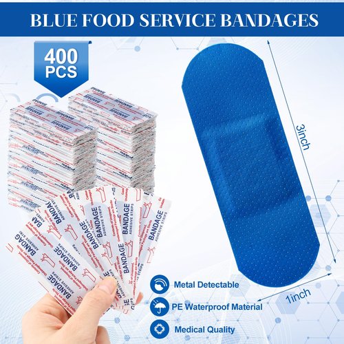 Geiserailie 400 Pcs Blue Bandages 3 ''x 1'' Food Service Metal Detectable PE Waterproof Adhesive Bandages Bulk Sterile Processing Non Stick Pad Latex Free for First Aid & Wound Care Protection