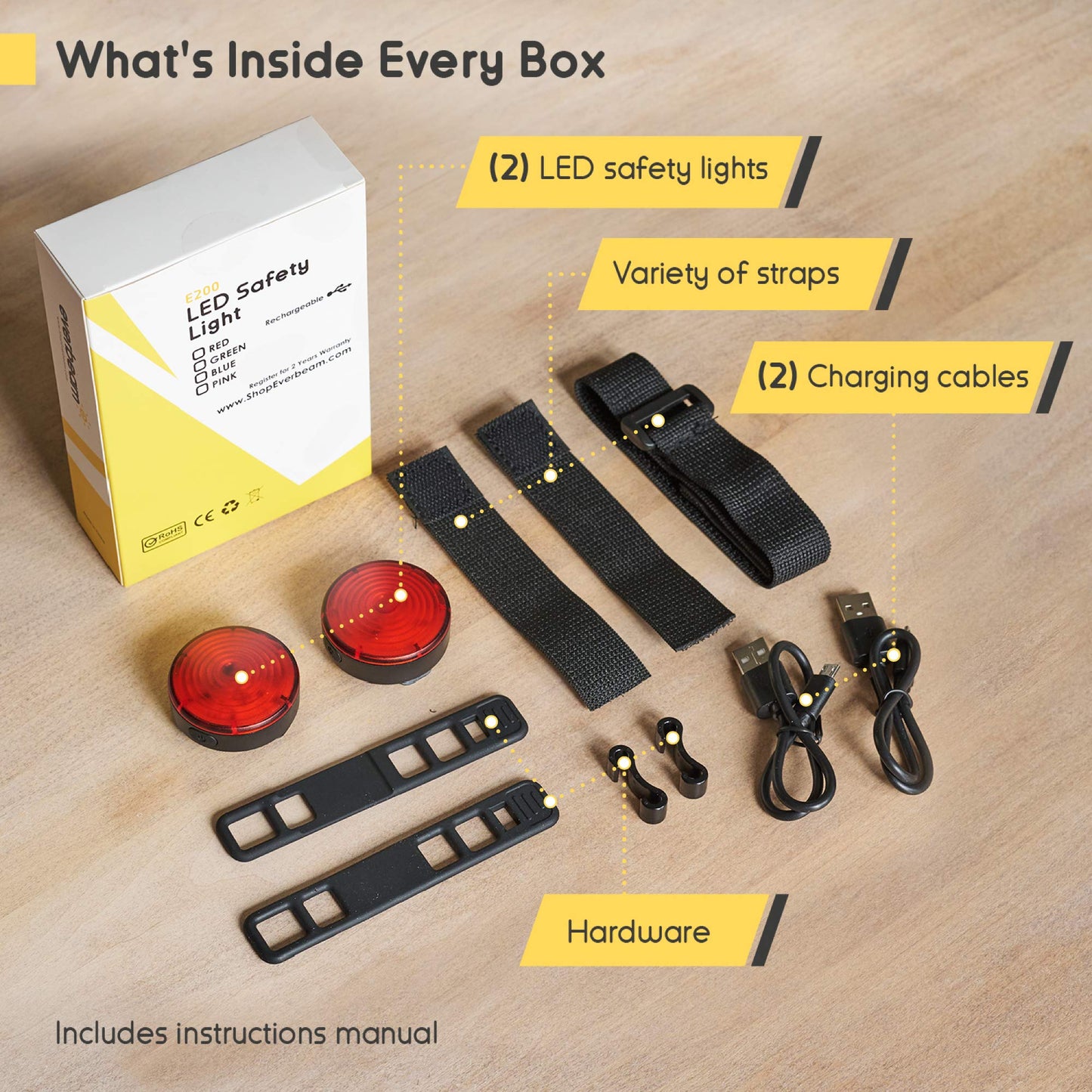 Everbeam E200 LED Bicycle Lights Front and Rear Rechargeable | Powerful Waterproof Safety Clip On LED Light Set, For Runners, Cycling, Dog Walking, Kayaking - Includes Straps For Wearing - 2 Pack, Red