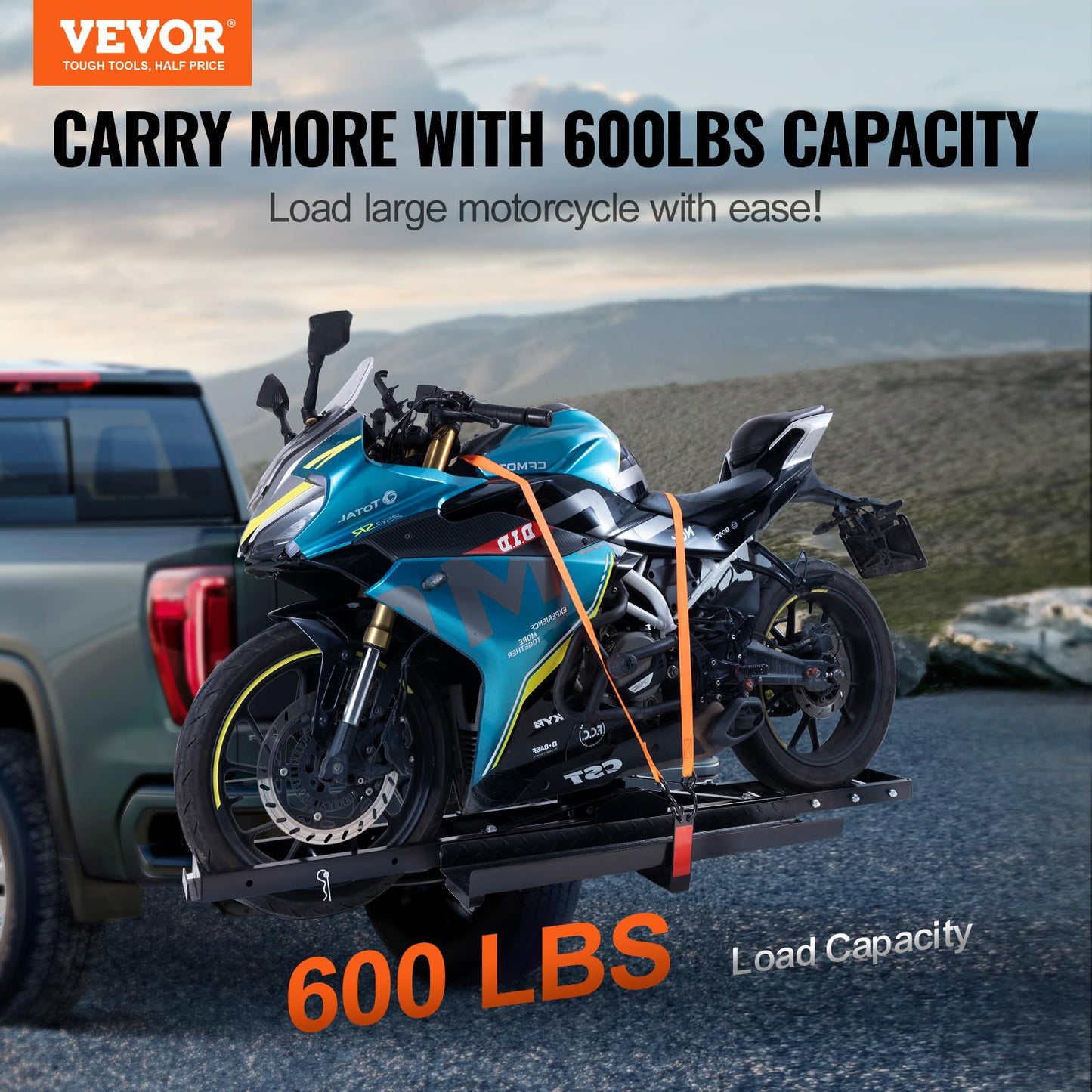 VEVOR Motorcycle Carrier, 600 LBS Steel Motorcycle Carrier Hitch Mount with 47" Longer Ramp, Scooter Dirt Bike Trailer Hauler with Ratchet Straps and Stabilizer, for Car, Truck with 2" Hitch Receiver
