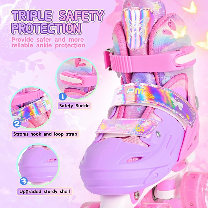 2PM SPORTS Roller Skates Girls Ages 5-8 8-12 3-5 4-7 6-12 10-12 with Light Up Wheels, Outdoor Indoor Girls Rollerskates for Kids Beginner Size 10C 11C 12C 13C 1 2 3 4 5 6 Pink Butterfly