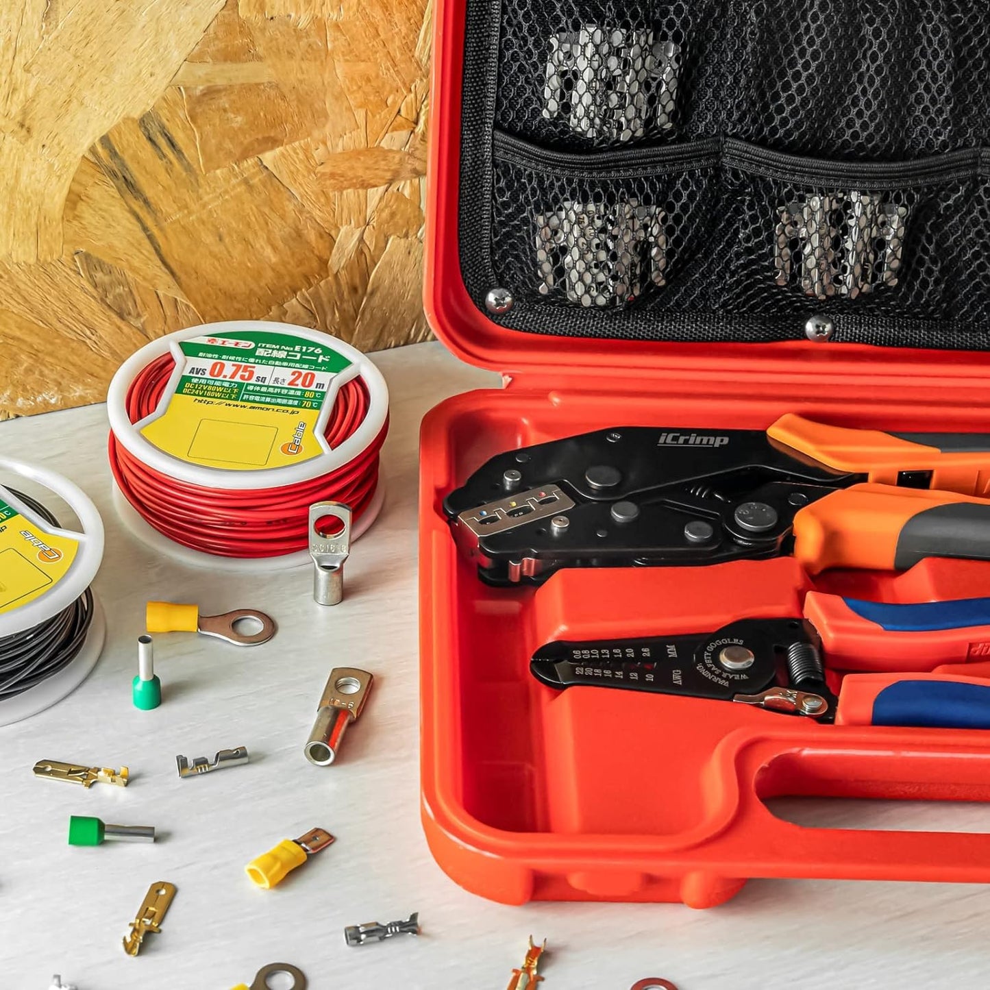 iCrimp Quick Change Ratcheting Wire Crimper Tool Set for Insulated, Heat Shrink, Non-Insulated Terminals, Battery Cable Lugs, IWS4 Solar connectors, Wire Ferrules, 8 Pieces with Wire Stripper