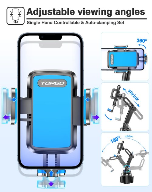 TOPGO Golf Car Phone Holder, [No Shaking & Stable & Adjustable Pole] Universal Cup Phone Mount for EZGO/Club Car/Yamaha - Blue