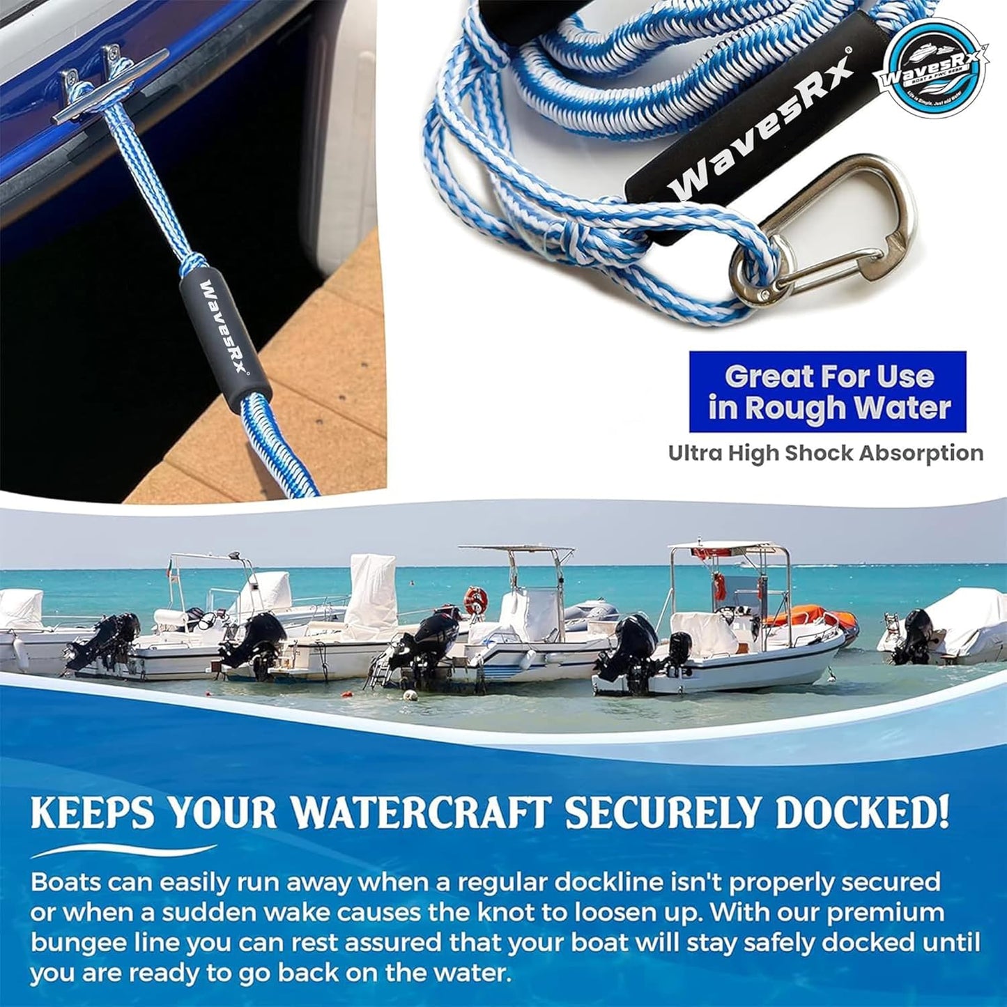 WAVESRX DockingPal - Premium Bungee Dock Line for Boats & PWC | Elastic Mooring Rope Absorbs Shocks & Prevents Damage