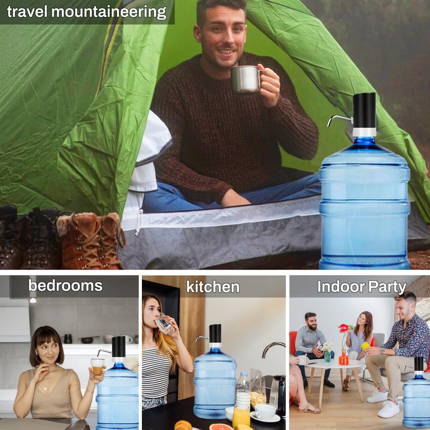 Water Table Pump, Portability Electric Water Pump with USB Data Cable,Black Automatic Drinking Water Bottle Pump for Travel, Kitchen, Home, Office