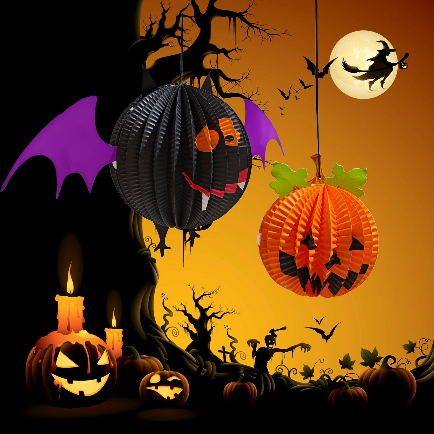 AIMI Halloween Party Decorations 6 Pack, Large 12-20Inch Hanging Paper Lanterns 3D Folding Pumpkins Spiders Ghosts Bats Halloween Party Supplies for Boys Girls Kids Home School Decor Indoor
