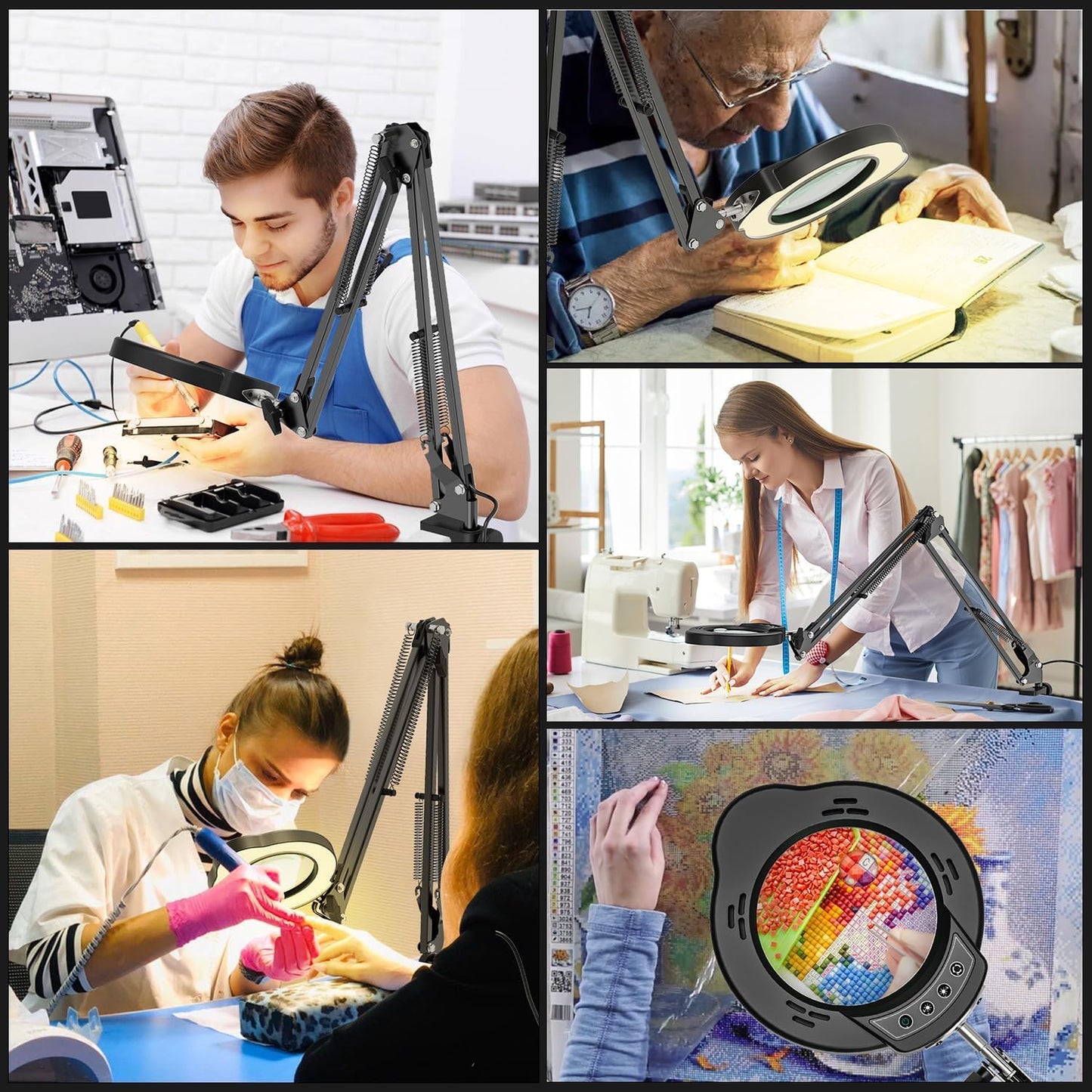 Magnifying Glass with Light and Clamp, 15X 10X Desk Magnifying Lamp, 84 LED Real Glass Lens Magnifier, 5 Color Modes Stepless Dimmable, Adjustable Hands Free Table Lamp for Repair Crafts Hobby Sewing