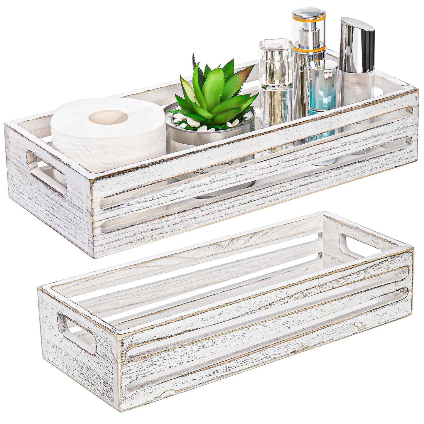 Noamus 2 Pack Bathroom Decor Box, 16" 15" Wooden Toilet Paper Holder, White Toilet Storage Basket, Toilet Tissue Tray with Handles for Home Decor, Tank Topper, Bathroom Kitchen Counter