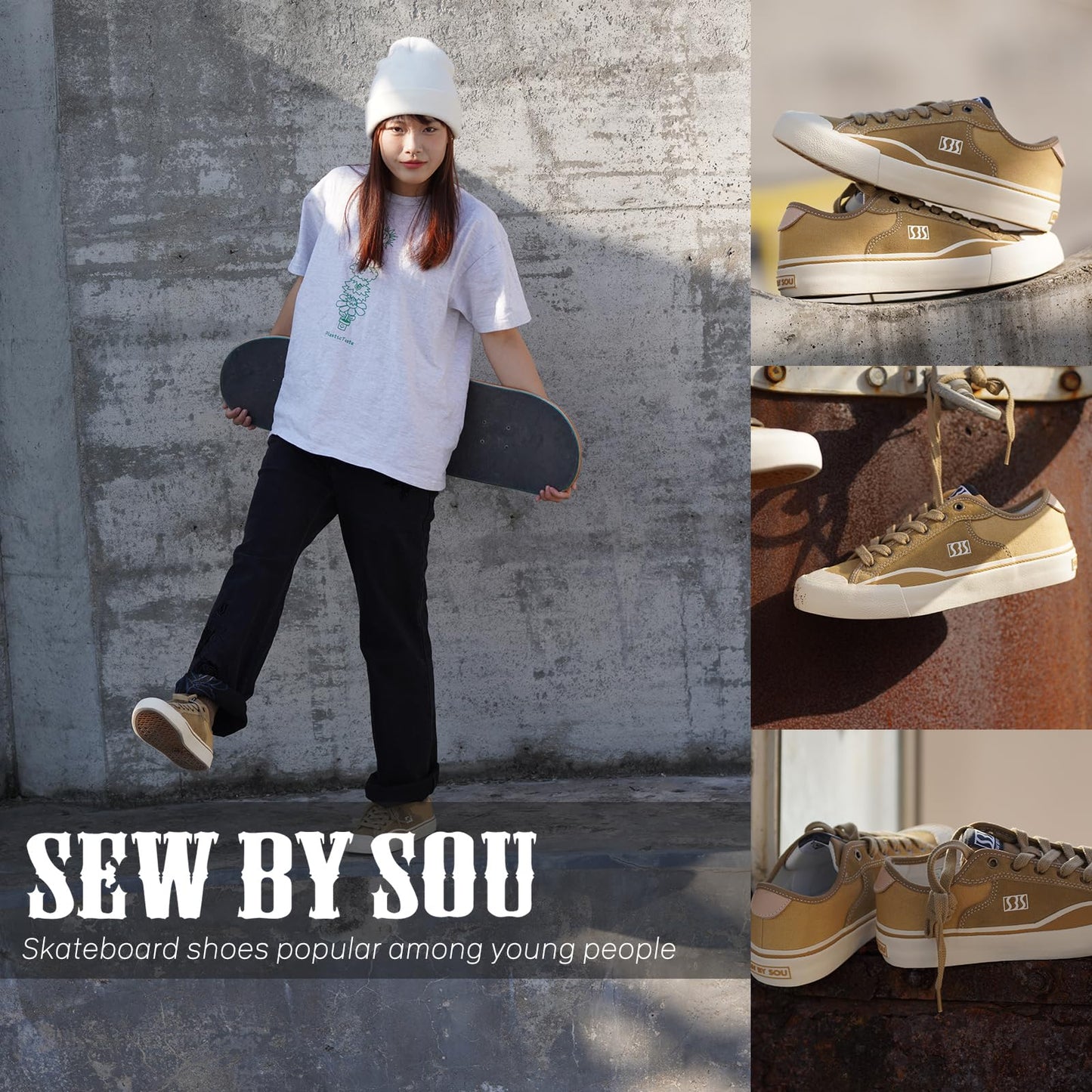 SEW BY SOU Skateboard Shoes for Men Leather Low Top Pro Skateboarding Training Casual Sneakers