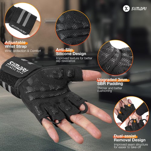 SIMARI Workout Gym Gloves for Men Women, Weight Lifting Gloves with Wrist Wrap Support, SBR Pad Grip for Full Palm Protection, for Exercise, Fitness, Dumbbells, Barbell, Climbing, Fingerless