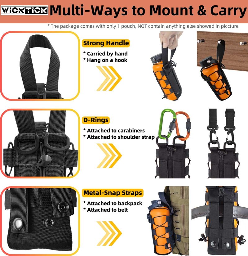 WICKTICK Molle Water Bottle Holder Pouch 16 24 32 40 64 oz - Multi-Purpose Tactical Fuel Bottle Bag, Adjustable Size for Outdoor Activities, Adapted to Backpack/Vest/Belt (Black, Classic)