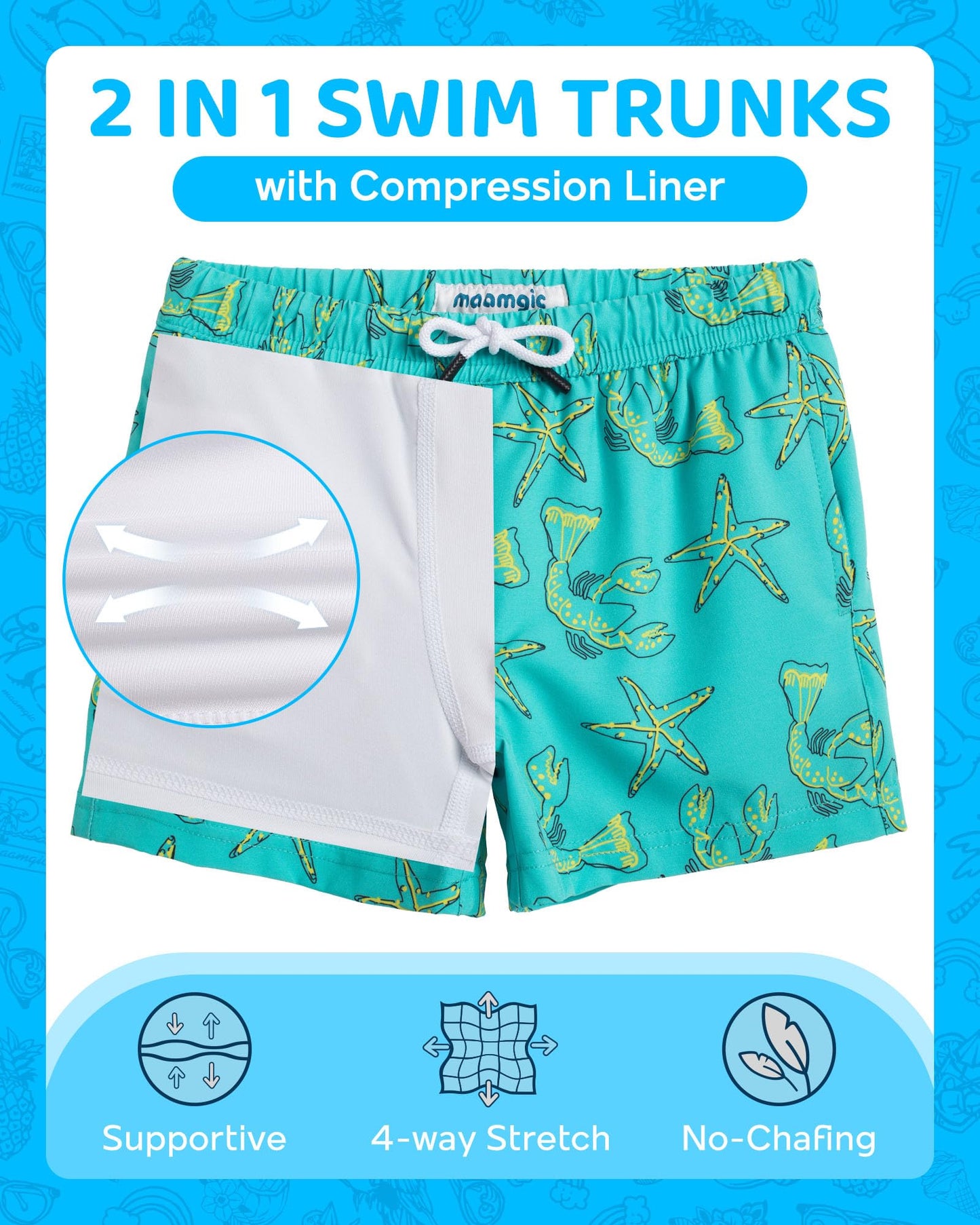 maamgic Boys Swim Trunks with Compression Liner Toddler Boy Swimsuit Quick Dry 4-Way Stretch Swimming Trunks Sea World Light Green 4T