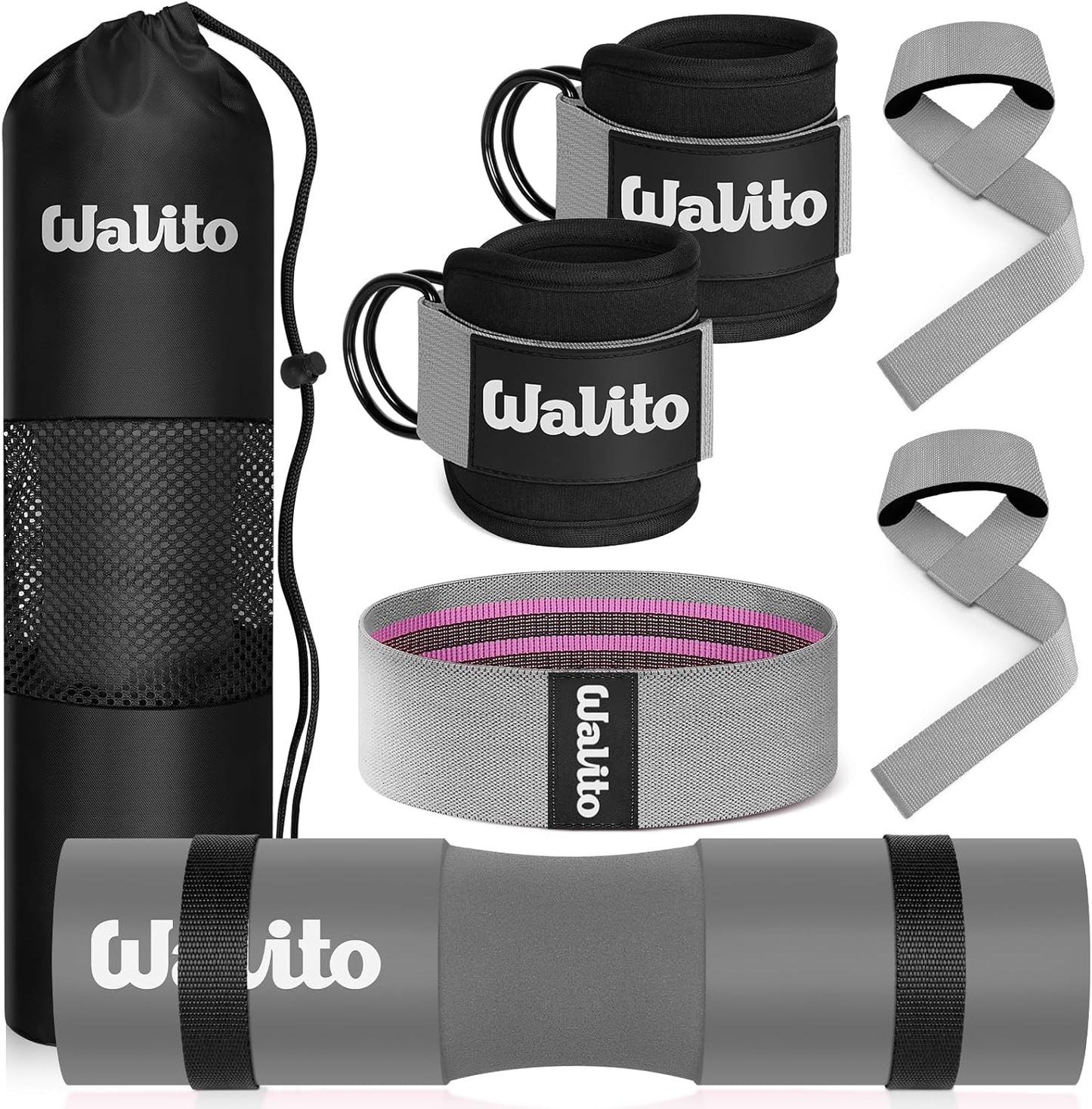 WALITO Barbell Pad Set - 8Pcs Hip Thrust & Squat Pad with Ankle Straps & Resistance Bands