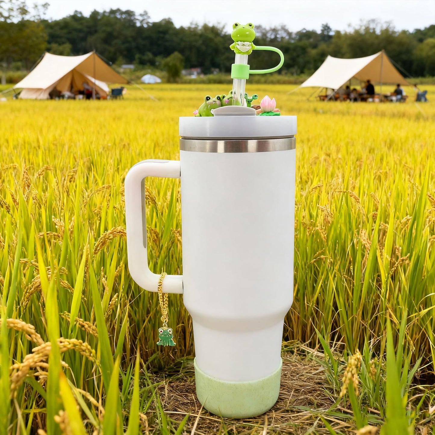 RENUIS Cup Lid Topper Decoration for Stanley 40 oz，Including Silicone Boot, Silicone Straw Topper Cover Cap, Lid Charms，Cup Chain - Cute Frog Decoration Accessories