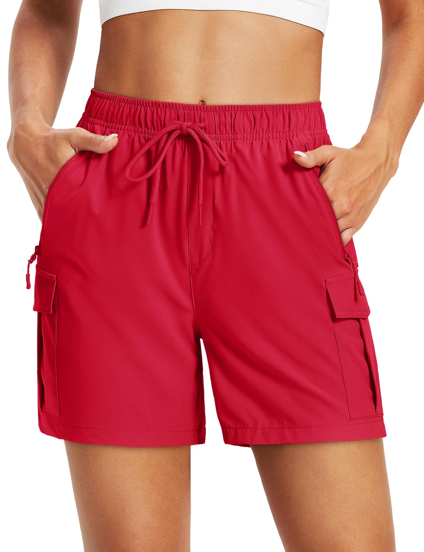 MAGCOMSEN Womens Quick Dry Hiking Shorts Lightweight Cargo Athletic Shorts for Summer Outdoor Travel Zip Pockets Red L