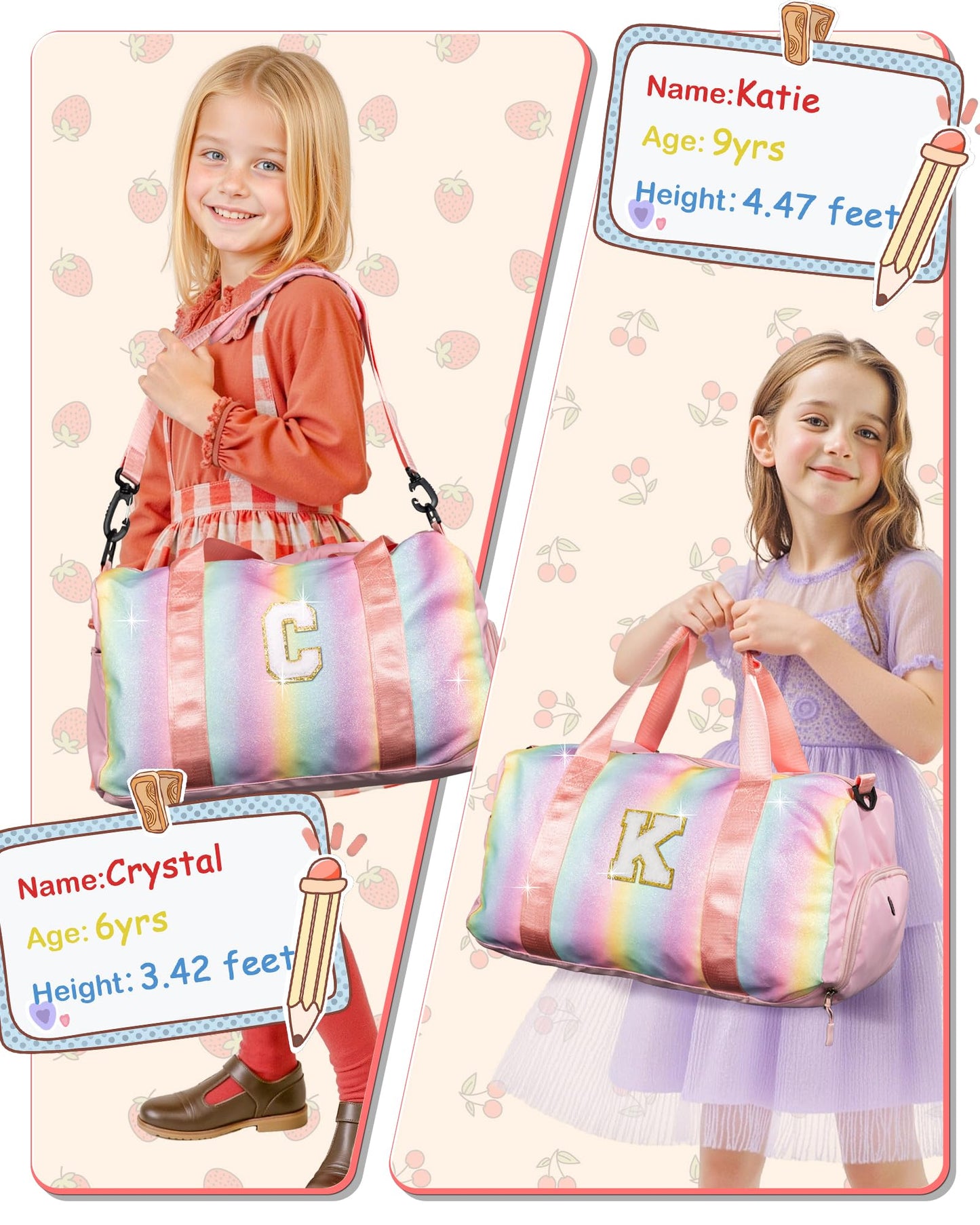 Vogewood Gifts for 3 4 5 6 7 8 9 10 Year Old Girls-Girl Gym Bag with Shoe Compartment, Kid Personalized Weekender Dance Bags, Initial Travel Tote with Makeup Pouch, Gift Ideas for Kids (Letter M)