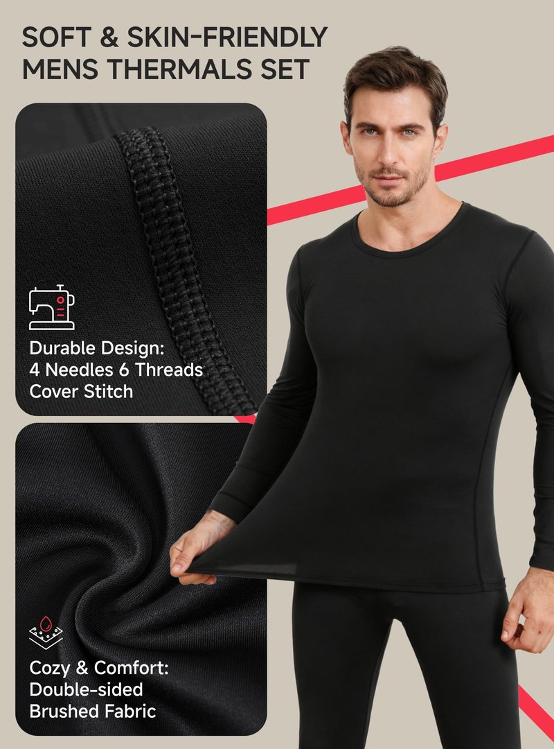 TRENDOUX Winter Thermal Clothes Set with Fleece Lined, Lightweight Wool Long Johns Thermal Shirt for Men Indoors, Skiing Base Layers Pants Mens - Black XL