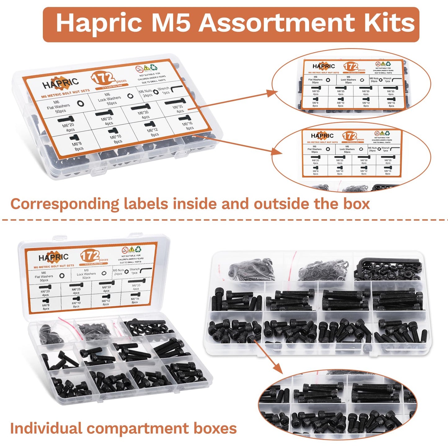 172 Pcs M6 Screws Assortment Kit, M6x 8/10/12/16/20/25/30/35mm M6 Bolts Kit 12.9 Alloy Steel Nuts and Bolts Assortment Kit Black Zinc Plated Hex Socket Head Screws Nuts Bolts and Washers Set