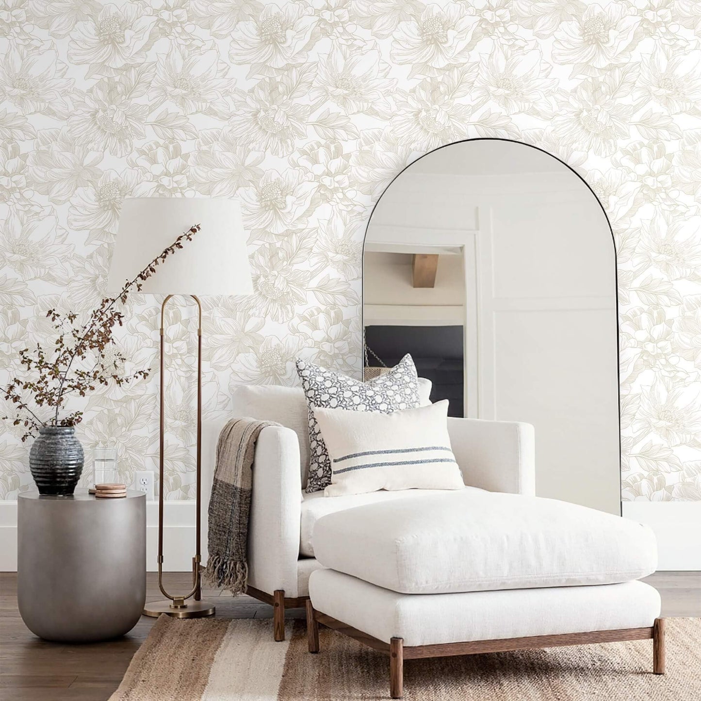 Ismoon Large Floral Peel and Stick Wallpaper Boho Beige Contact Paper 17.3inx6.5ft Neutral Wall Paper Removable Self Adhesive Wallpaper Bedroom Cabinet Bathroom Waterproof Mural Wall Decor Vinyl Roll