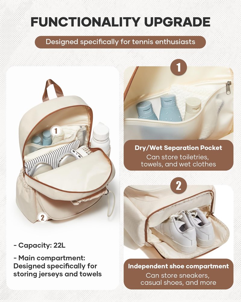 bergsalz Tennis & Pickleball Bag for Women Men, Fits 1 Racket or 2 Paddles, Lightweight Waterproof Tennis Backpack with Shoe Compartment & Wet Pocket For Training, Gym & Travel, Beige Brown