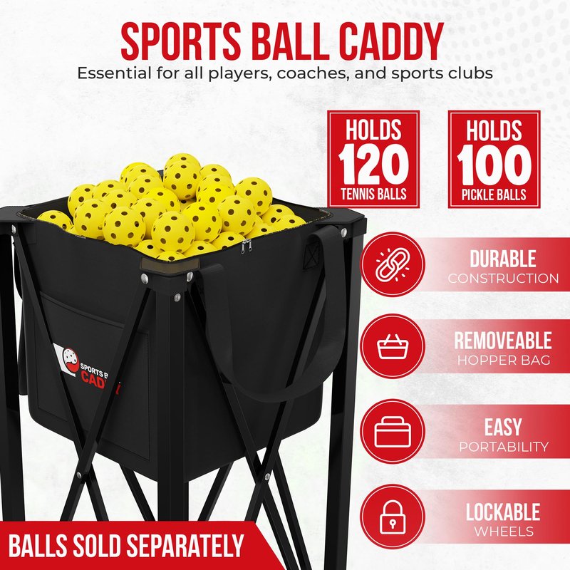 [2-in-1 Set] Tennis & Pickleball Hopper with Pickup Tube – Pickleball Caddy with Collapsible Metal Frame Ball Basket and Wheels & Carry Case – 120 Tennis Balls or 100 Pickleball Ball Holder (Pin)