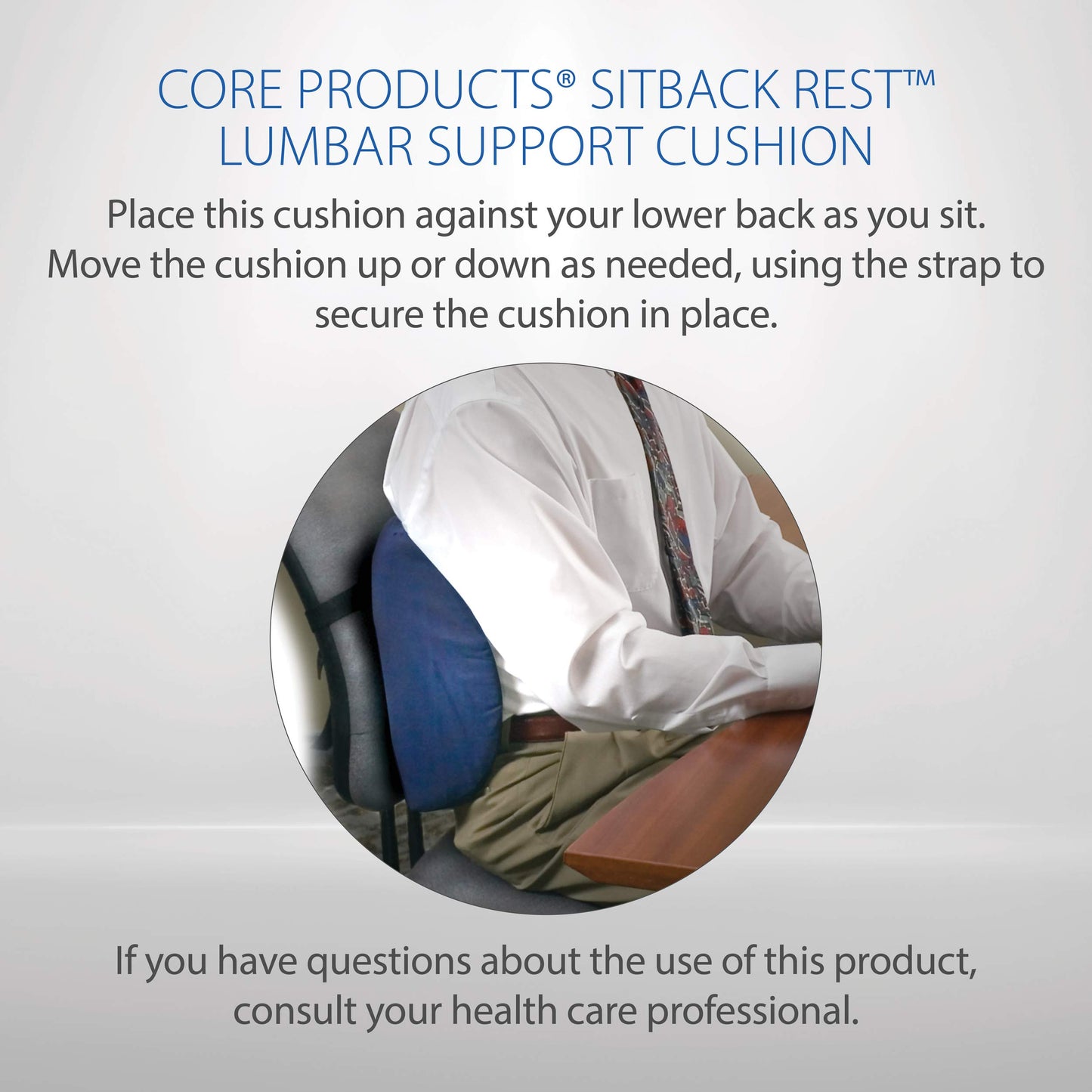 Core Products Sitback Rest Cushion Lumbar Support for Lower Back & Office Chair, Adjustable Strap Contoured Foam, Black - 13" x 14" x 5", Made in the USA