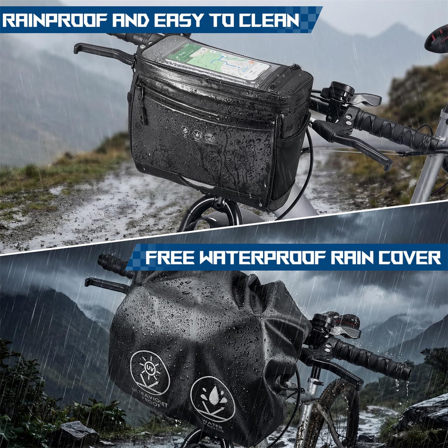 WOTOW Bike Front Handlebar Bag - Large Reflective Bicycle Handlebar Basket Bags Waterproof Storage Pannier for Bike Touchable Transparent Phone Holder Pouch for Men Women Road MTB Outdoor Cycling 3.5L