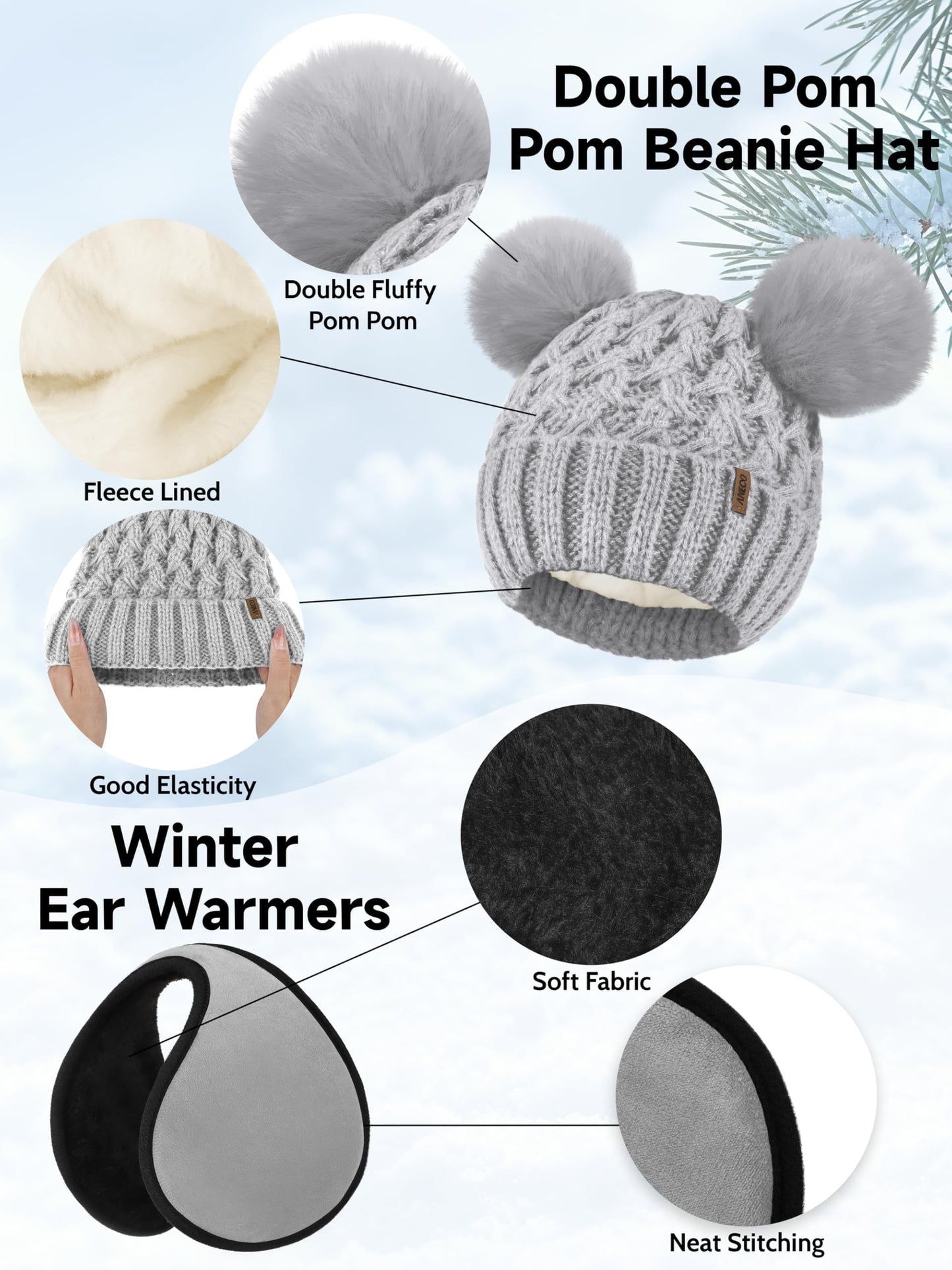 Aneco Winter Beanie Hat Scarf Gloves Ear Warmer Set for Women Fleece Lined Pom Pom Beanie Touchscreen Gloves 4 in 1 Set Light Grey