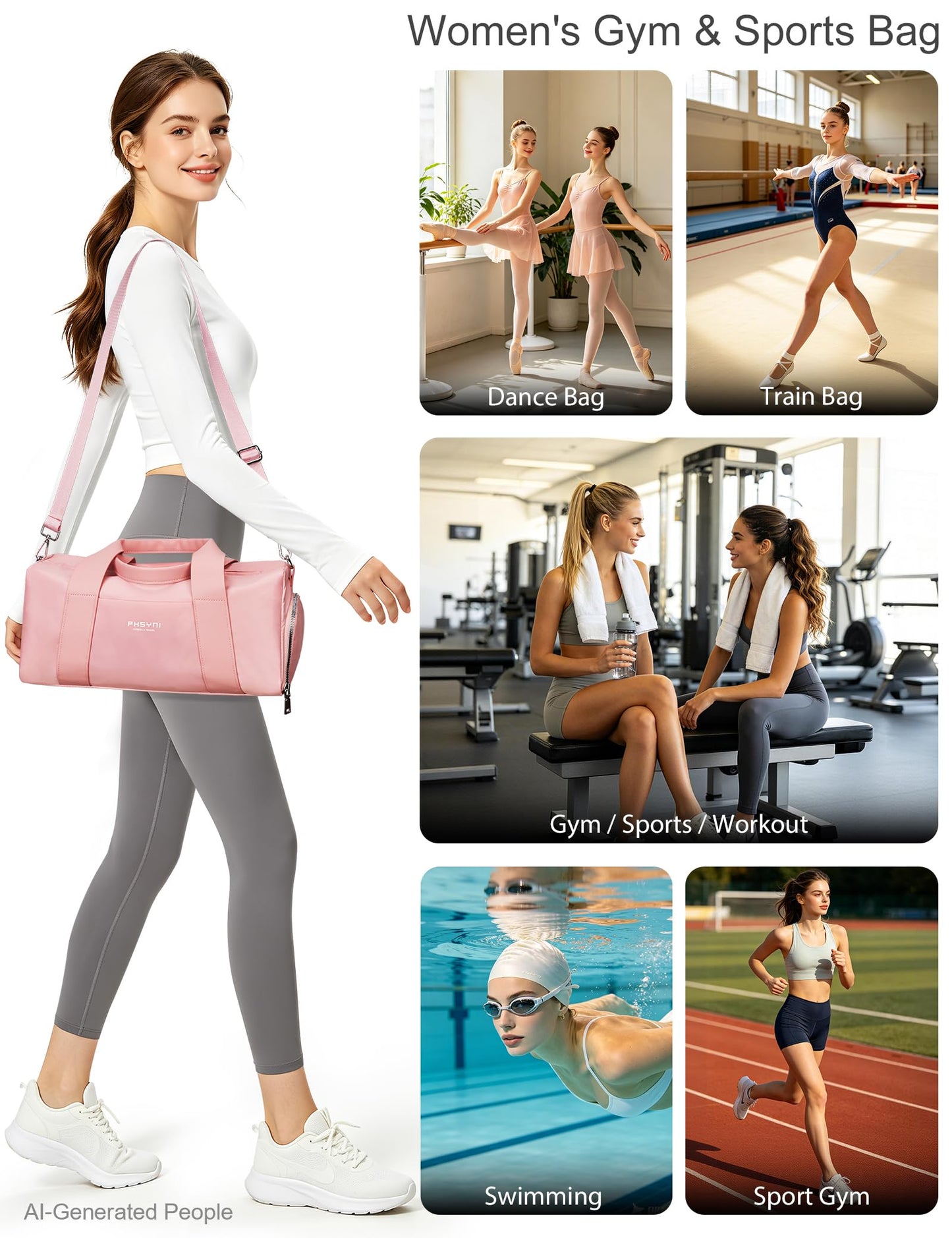 16" Gym Bag for Women,with Shoes Compartment and Waterproof Pocket(Pink)