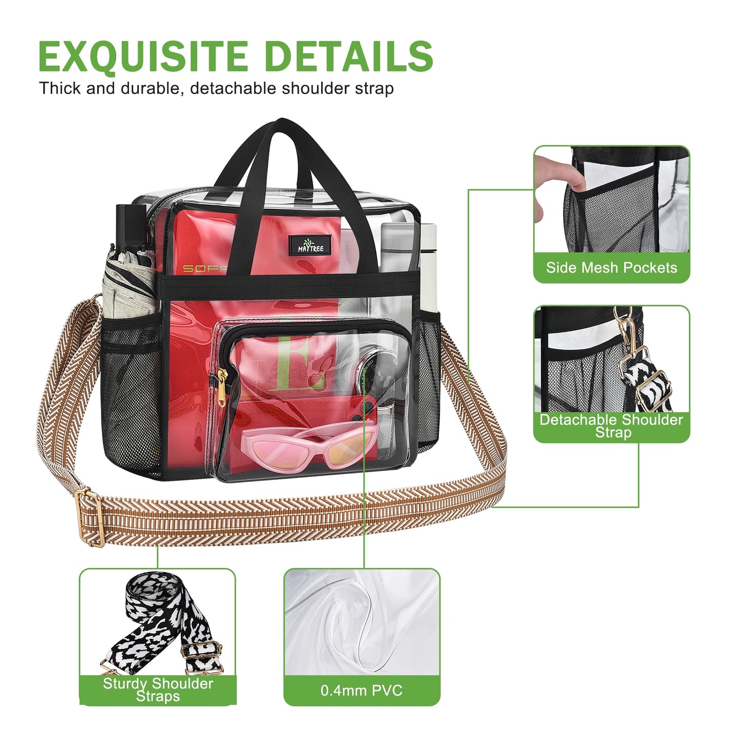 MAY TREE Clear Bag for Stadium Events, 12x6x16 Clear Tote Bag with Removable Strap, Transparent Bag for Concert Sports Gym, White & Beige-Strap