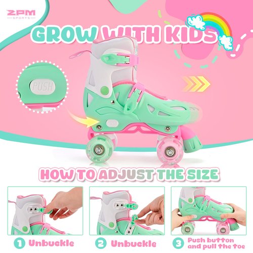 2PM SPORTS 4 Size Adjustable Light Up Roller Skates for Girls, Flashing 4 Wheels, Beginner Kids Rollerskates for Age 5-8 8-12 - Green Small