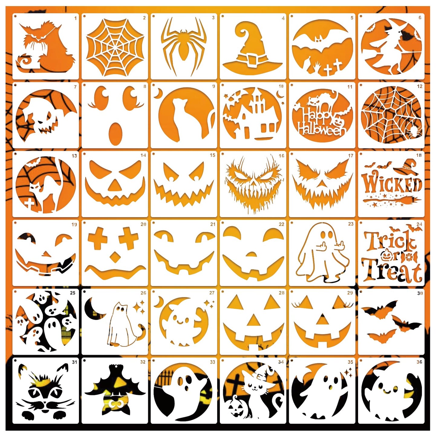 Halloween Pumpkin Stencils for Painting Pumpkins Reusable Ghost Face Paint Templates on Wood Glass Crafts Cookie Baking Door Hanger Sign Decorating (face36)