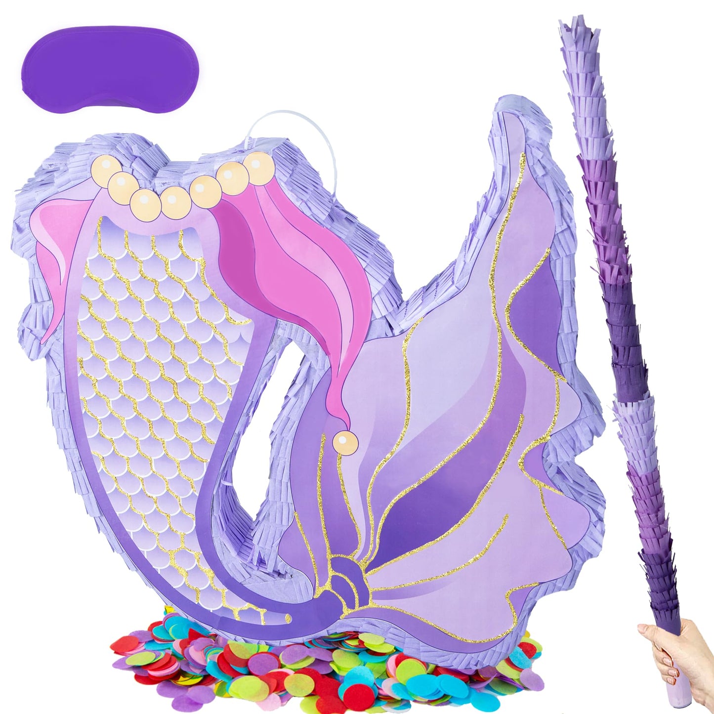 PCFING 18 Inch Mermaid Tail Piñata with 30 Inch Piñata Stick Blindfold Confetti for Boy Girl Ocean Birthday Party Game Decorations, Anniversary Celebration, Fiesta