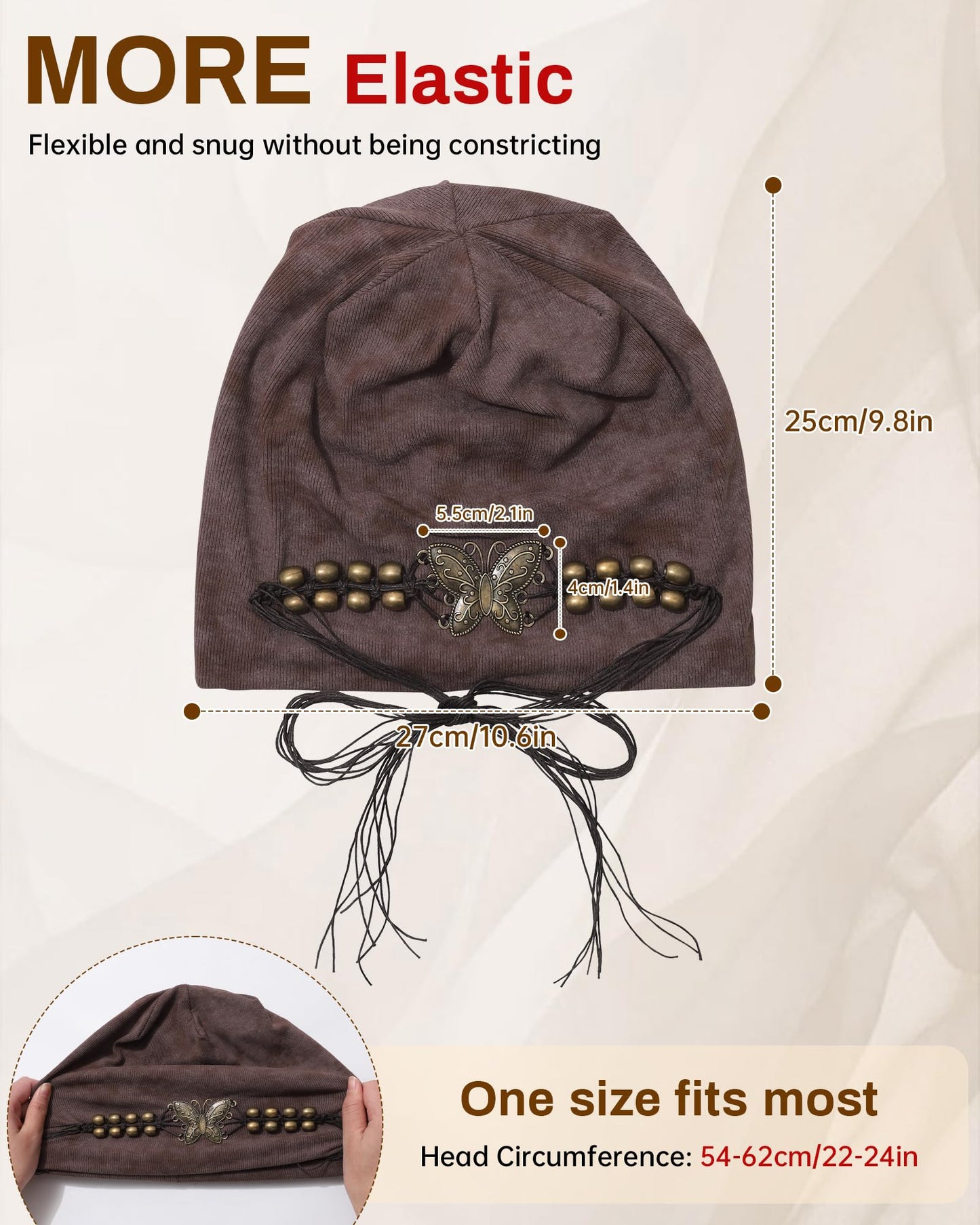 AWAYTR Slouchy Beanie Hat for Women - Retro Turban Hat with Metal Butterfly Beads Skull Caps Vintage Y2K Fashion Style (Coffee)