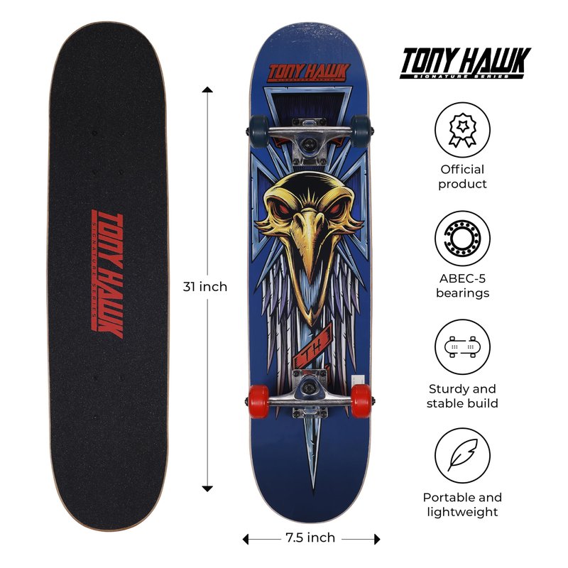 Tony Hawk 31 inch Skateboard, Tony Hawk Signature Series 2, 9-ply Maple Deck Skateboard for Cruising, Carving, Tricks and Downhill, Dagger/Cross/Skull