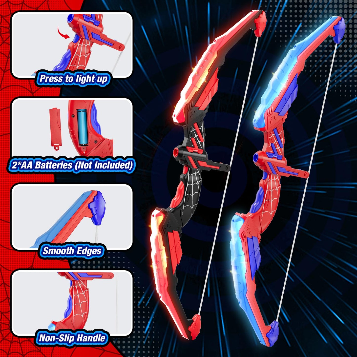 HYES 2PCS Bow and Arrow for Kids, LED Light Up Archery Set with 24 Suction Cup Arrows, 2 Hanging Target, 6 Score Targets & 2 Quiver, Indoor Outdoor Sport for Boys Girls Ages 4-12