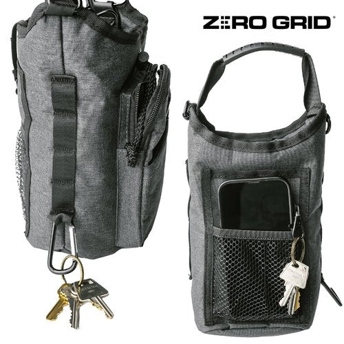 Zero Grid Insulated Water Bottle Carrier with RFID-Blocking Pocket for Personal Data, Electronics, and Phone - Fits 32 oz/1 L Bottles - Crossbody Bag with Adjustable Sling for Hiking and Travel - Grey