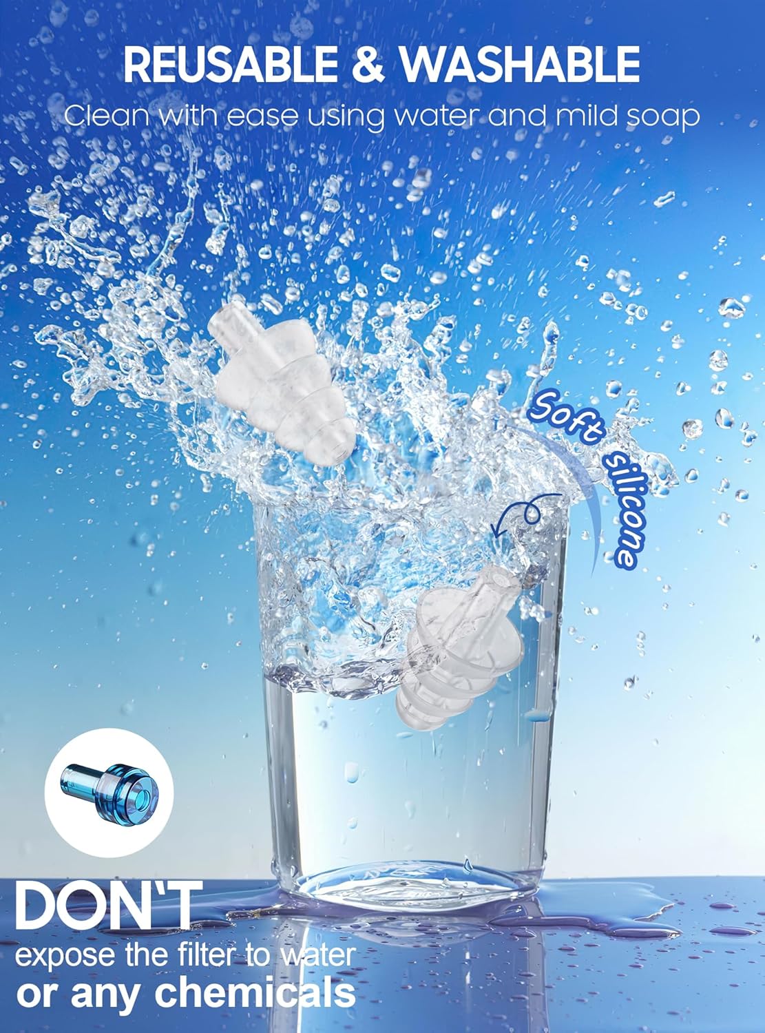 Skiennix Ear Plugs - Soft Silicone Reusable for Airplane Pressure Relief | 2 Pairs with Connector Cord