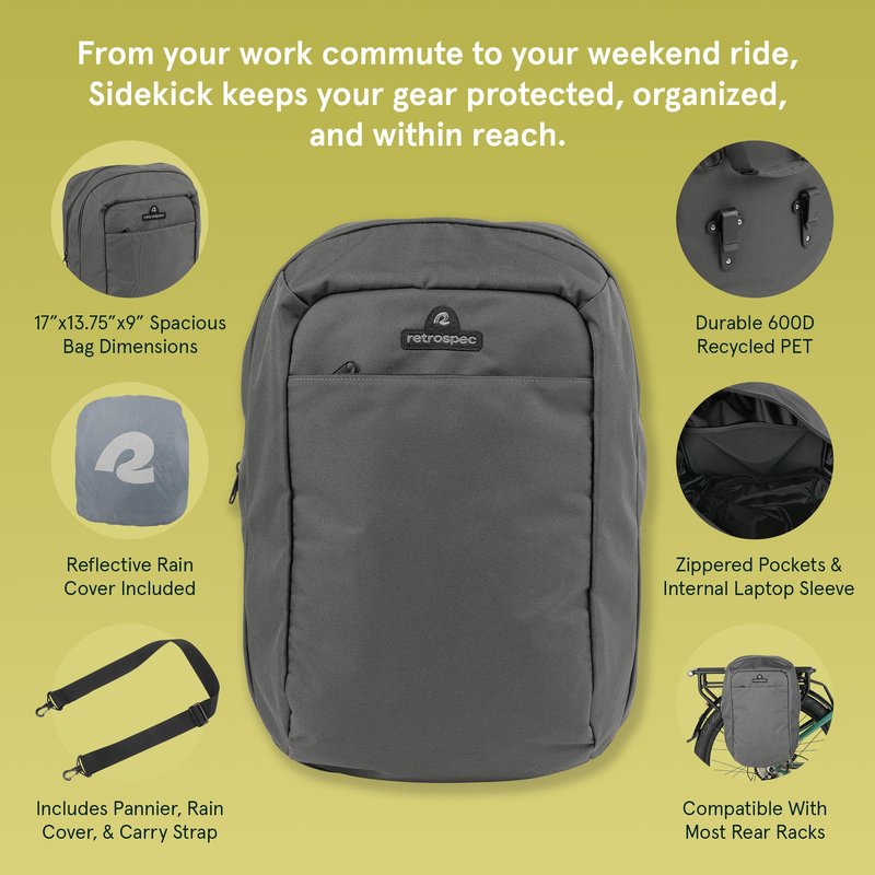 Retrospec Sidekick Single Pannier Bike Bag - Waterproof Commuter Pannier with Laptop Sleeve, Reflective Rain Cover & Carry Strap - Eco-Friendly 600D rPET - 17" Large Capacity