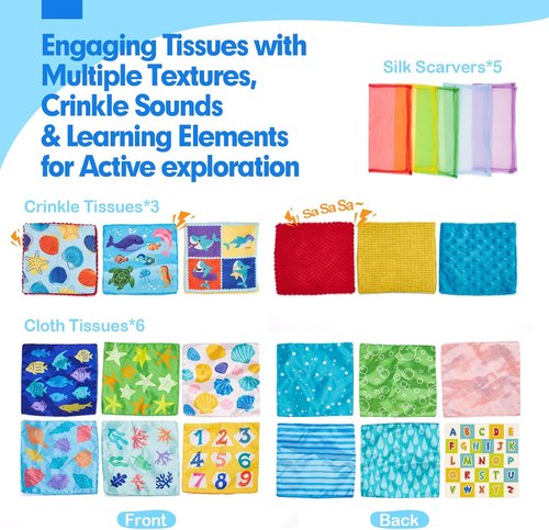Hahaland Baby Tissue Box Toy - Montessori Sensory Toy for 6-12 Months | Textured Tails, Crinkle, Squeaky, Mirror